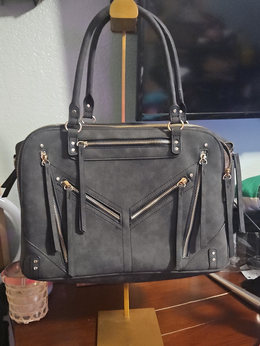 Women's Black Structured Satchel with Gold Zipper Accents